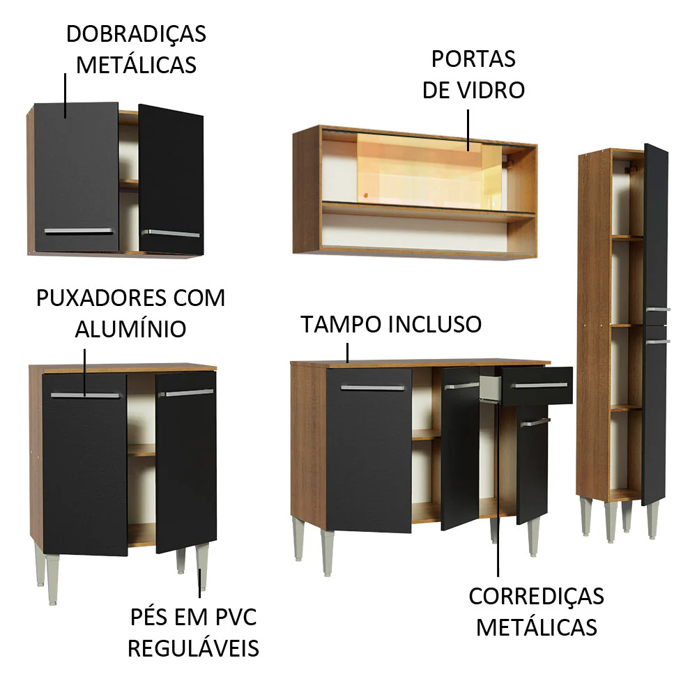 Armário de Cozinha Completa 201cm Rustic/Preto Emilly Sky Madesa 04 - Image 4