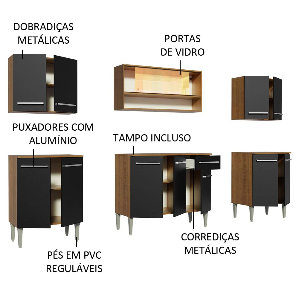 Armário de Cozinha Completa 233cm Rustic/Preto Emilly Smile Madesa 04 - Image 4