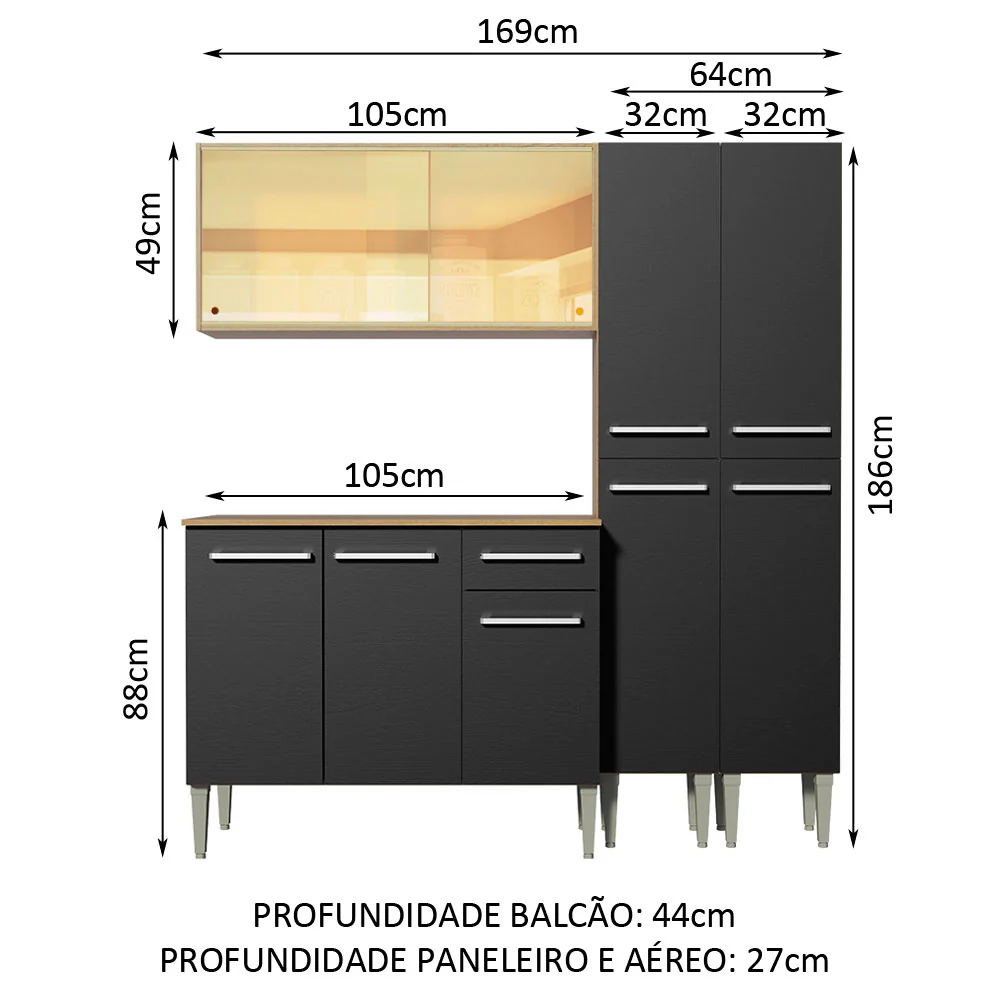 Armário de Cozinha Completa 169cm Rustic/Preto Emilly Voice Madesa 06 - Image 3
