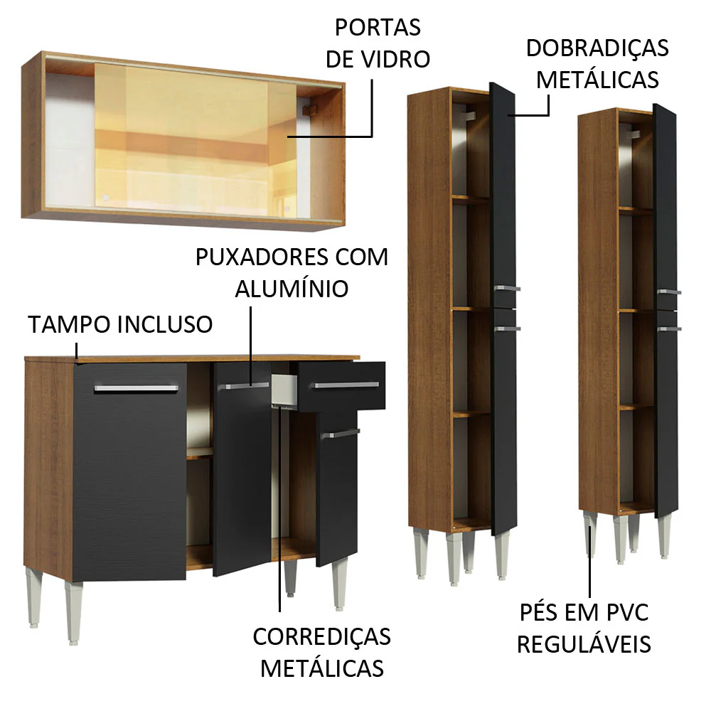 Armário de Cozinha Completa 169cm Rustic/Preto Emilly Voice Madesa 06 - Image 4