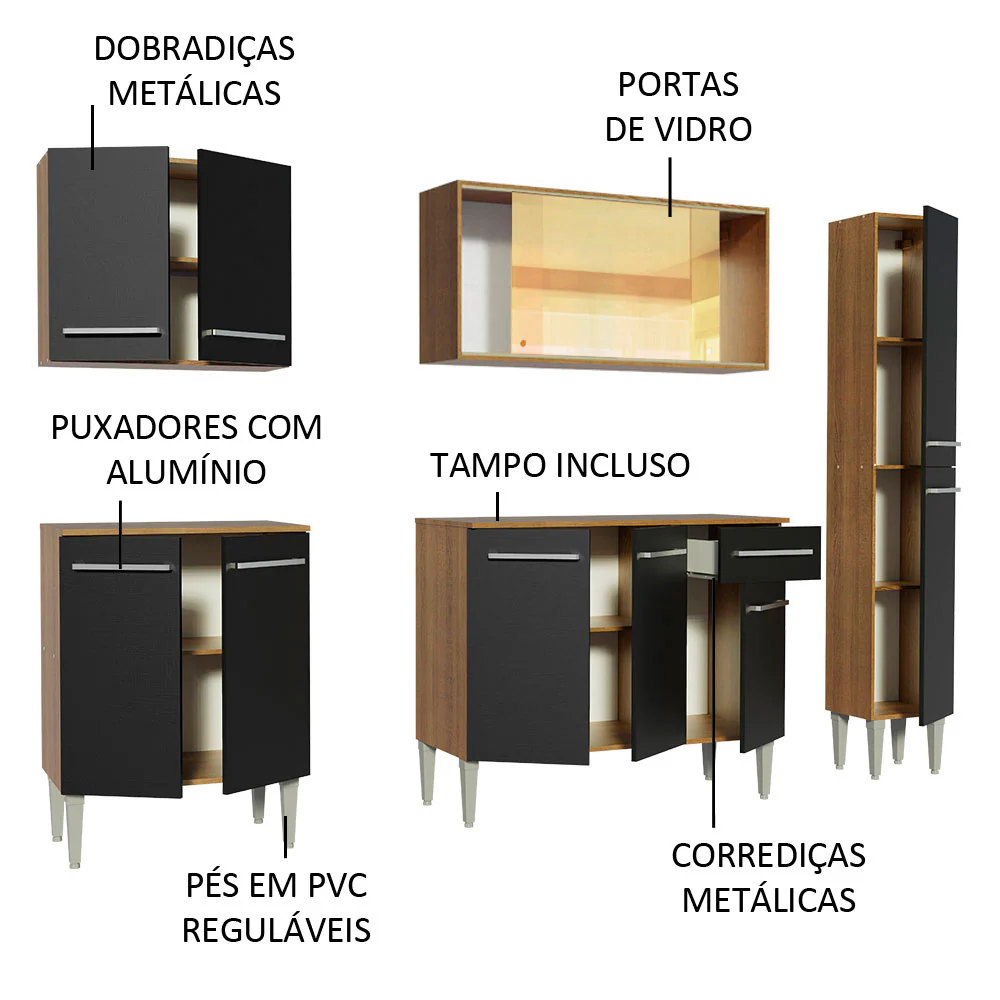 Armário de Cozinha Completa 201cm Rustic/Preto Emilly West Madesa 03 - Image 4