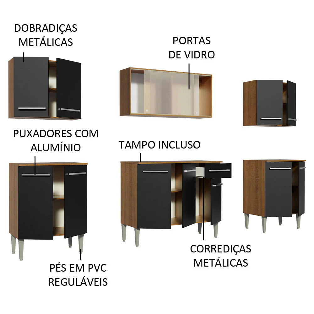 Armário de Cozinha Completa 233cm Rustic/Preto Emilly Wind Madesa 02 - Image 4