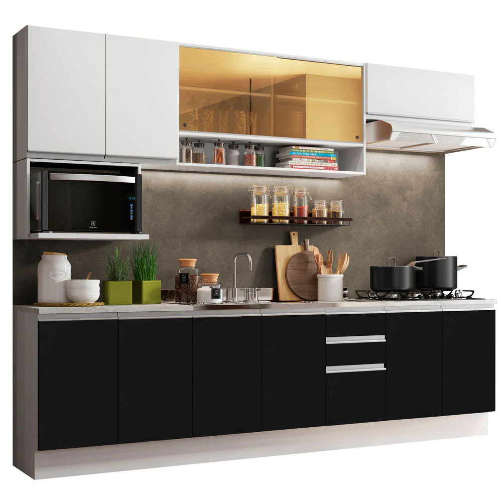 Armário de Cozinha Completa 280cm Branco/Preto/Branco Genova Madesa 04 - Image 2