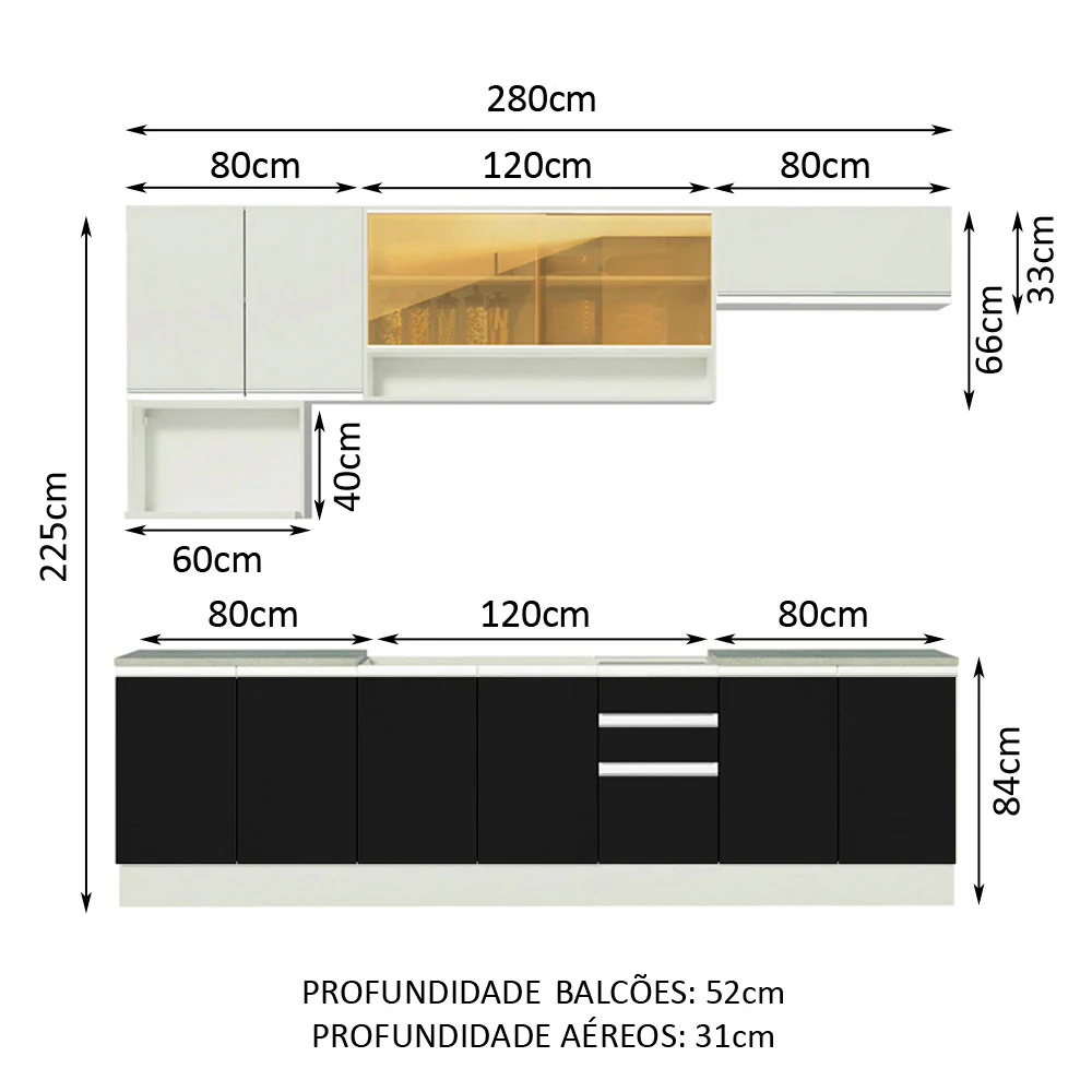Armário de Cozinha Completa 280cm Branco/Preto/Branco Genova Madesa 04 - Image 3