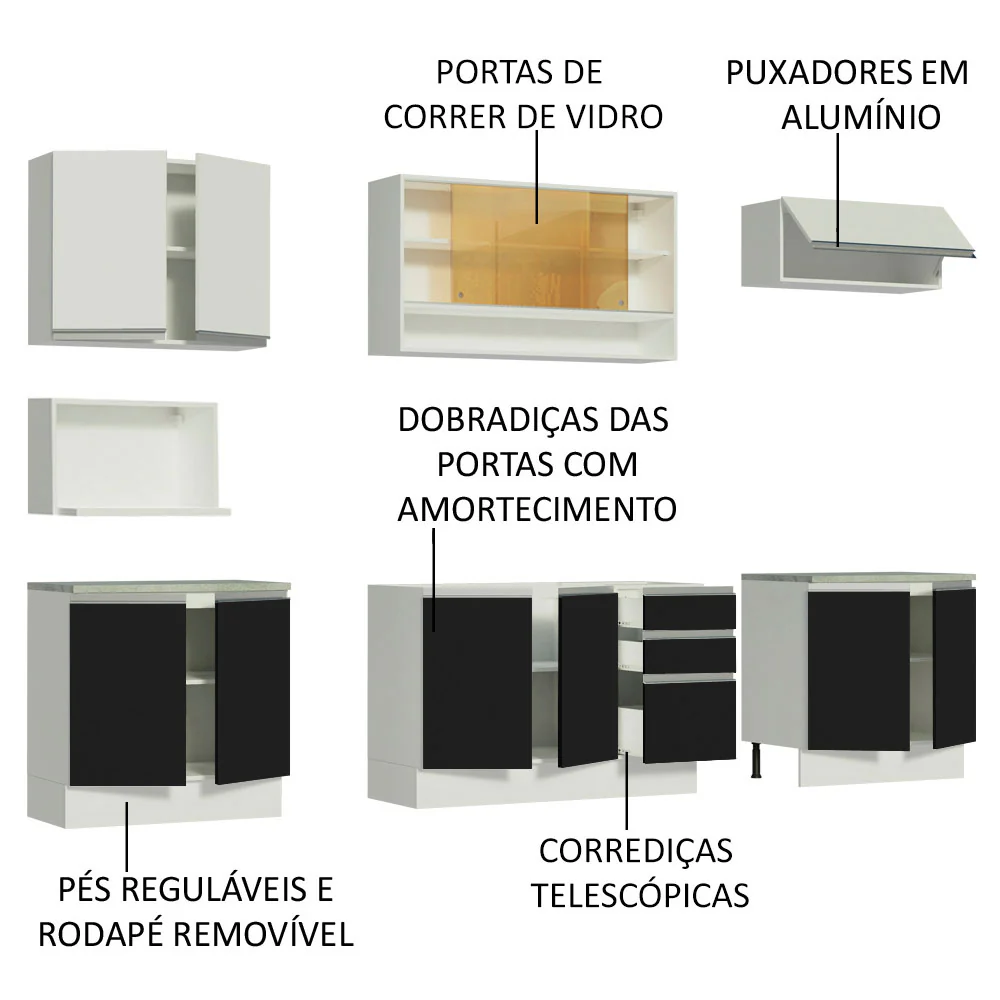 Armário de Cozinha Completa 280cm Branco/Preto/Branco Genova Madesa 04 - Image 4