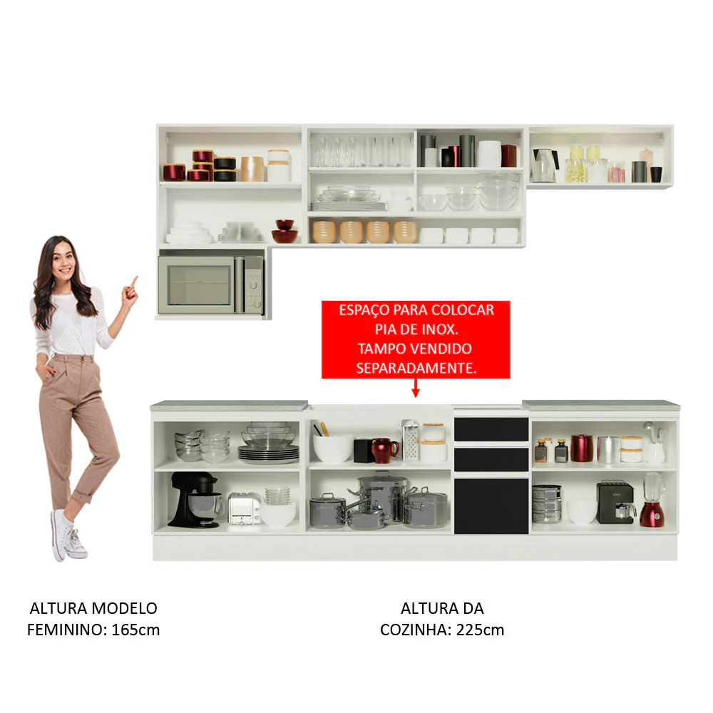 Armário de Cozinha Completa 280cm Branco/Preto/Branco Genova Madesa 04 - Image 5