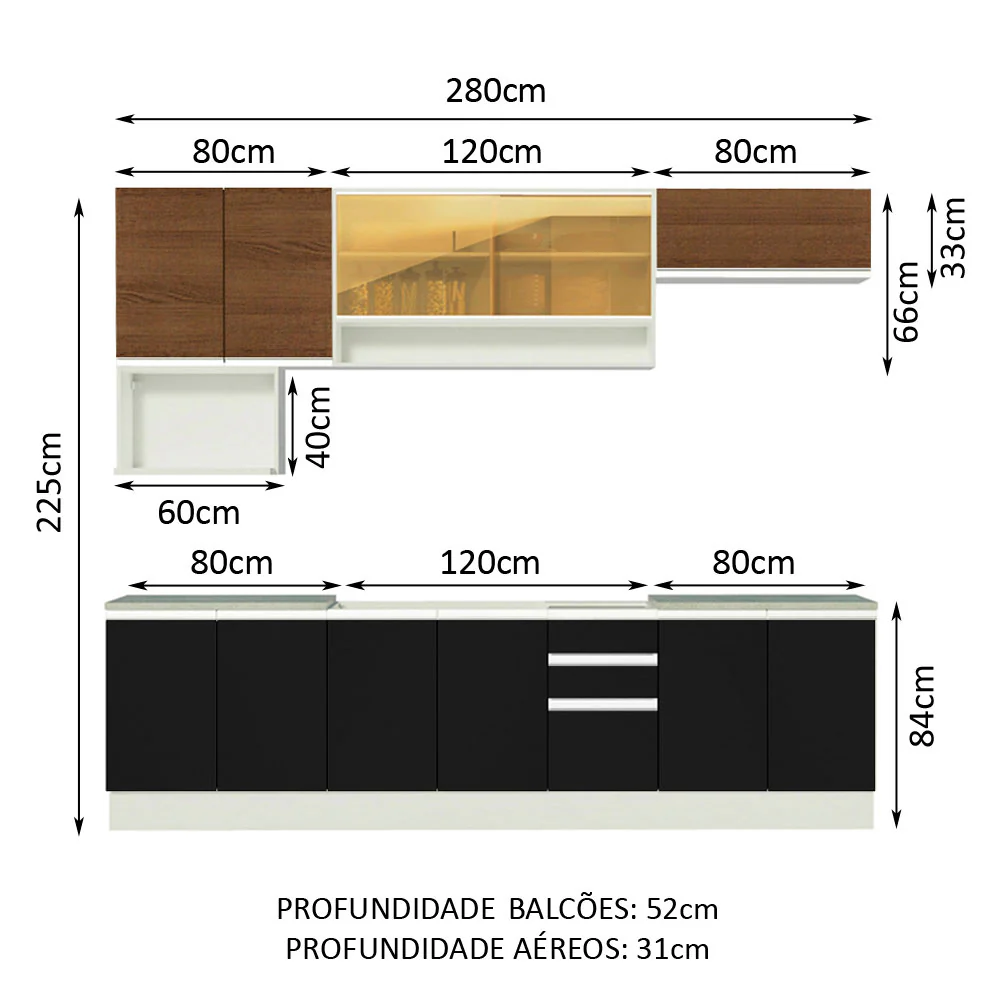 Armário de Cozinha Completa 280cm Branco/Preto/Rustic Genova Madesa 04 - Image 3