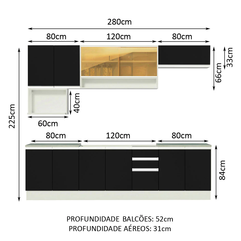 Armário de Cozinha Completa 280cm Branco/Preto Genova Madesa 04 - Image 3