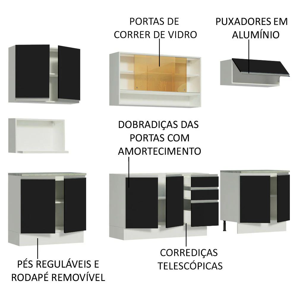 Armário de Cozinha Completa 280cm Branco/Preto Genova Madesa 04 - Image 4