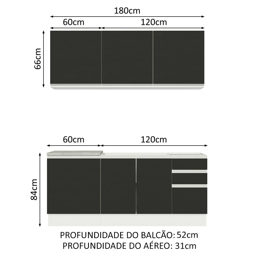 Armário de Cozinha Compacta 180cm Branco Preto Glamy Madesa 05 - Image 3