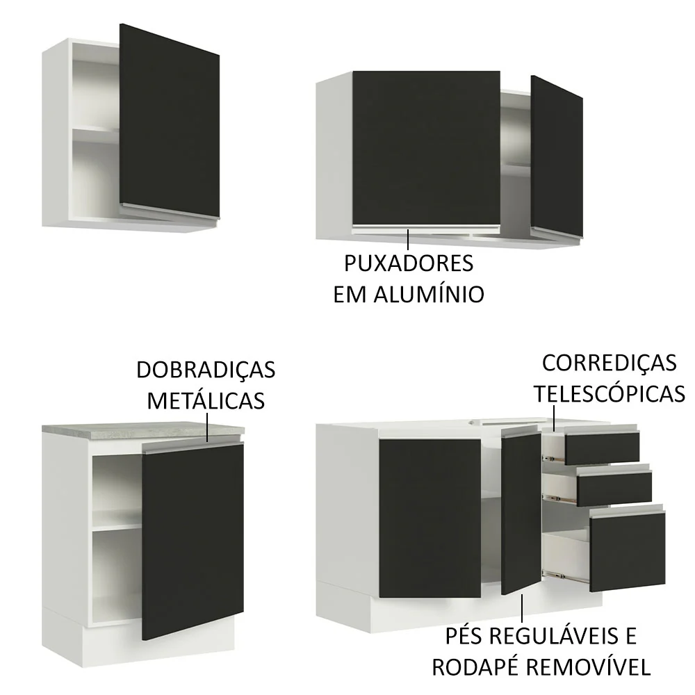 Armário de Cozinha Compacta 180cm Branco Preto Glamy Madesa 05 - Image 4