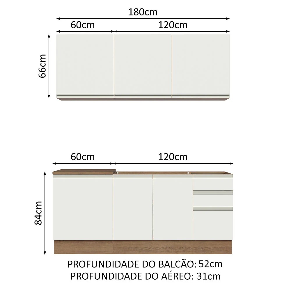 Armário de Cozinha Compacta 180cm Rustic Branco Glamy Madesa 05 - Image 3