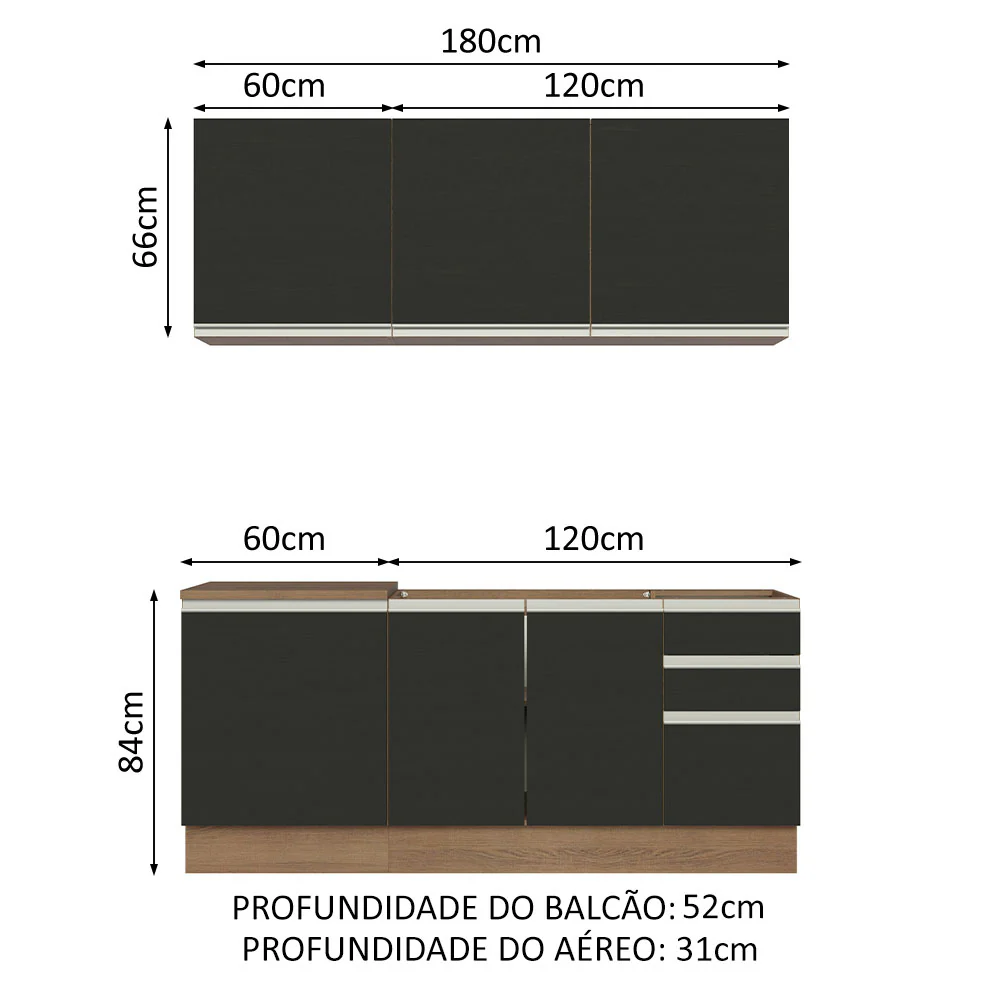 Armário de Cozinha Compacta 180cm Rustic Preto Glamy Madesa 05 - Image 3