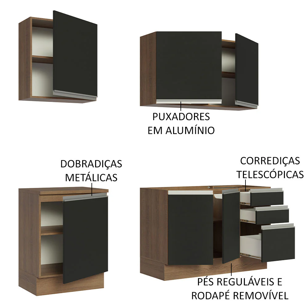 Armário de Cozinha Compacta 180cm Rustic Preto Glamy Madesa 05 - Image 4