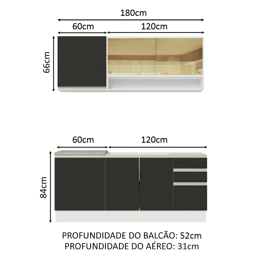 Armário de Cozinha Compacta 180cm Branco Preto Glamy Madesa 06 - Image 3