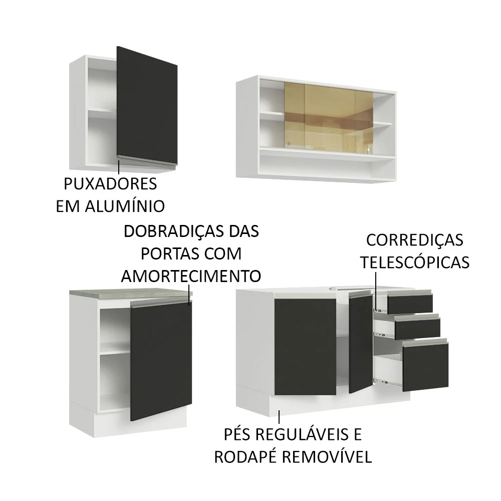 Armário de Cozinha Compacta 180cm Branco Preto Glamy Madesa 06 - Image 4