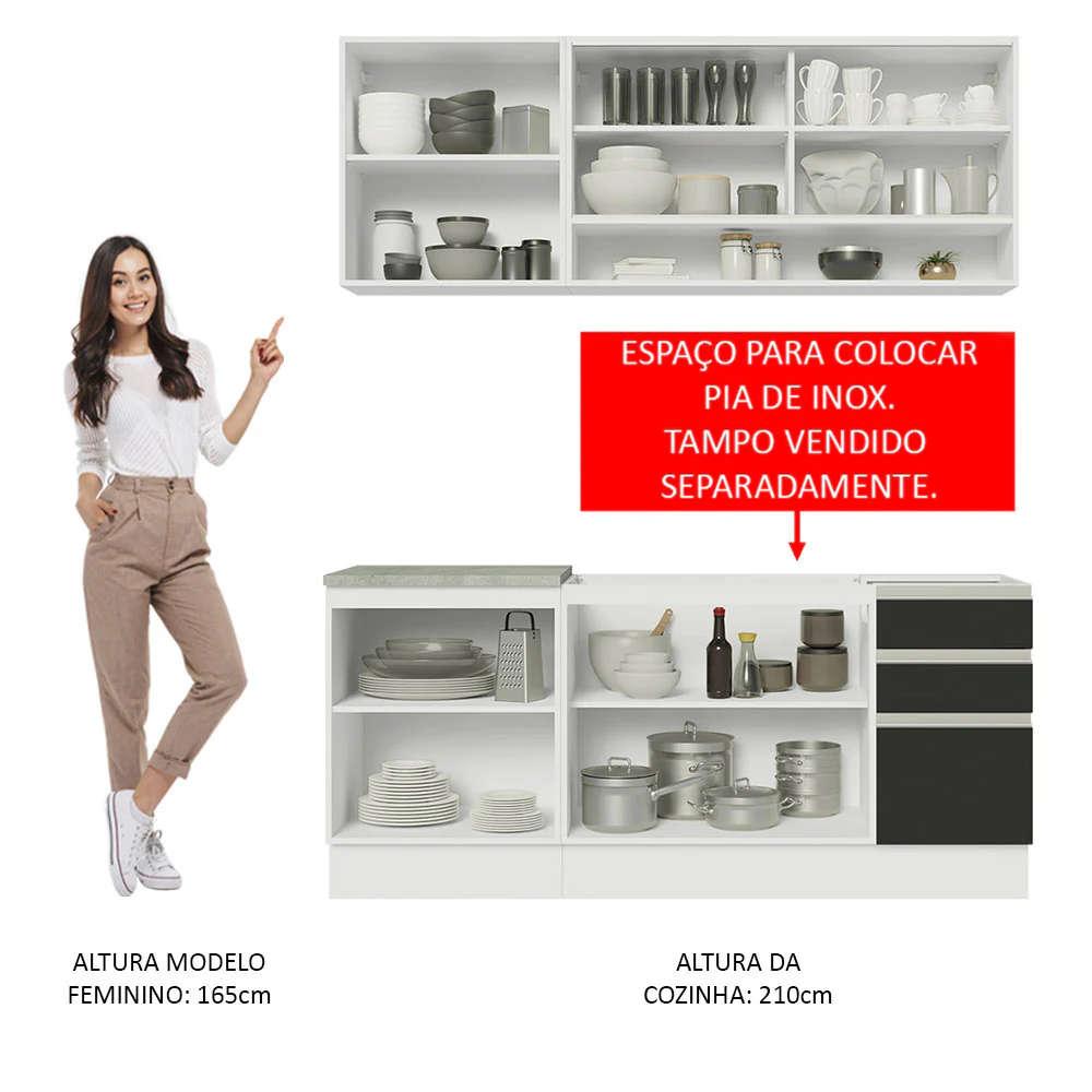Armário de Cozinha Compacta 180cm Branco Preto Glamy Madesa 06 - Image 5