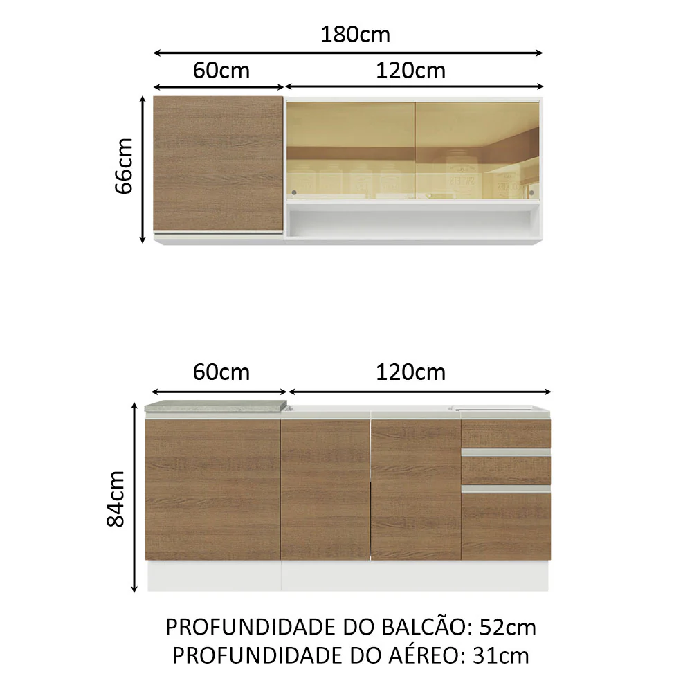 Armário de Cozinha Compacta 180cm Branco Rustic Glamy Madesa 06 - Image 3
