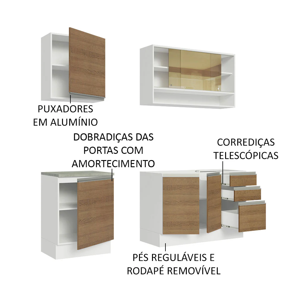 Armário de Cozinha Compacta 180cm Branco Rustic Glamy Madesa 06 - Image 4