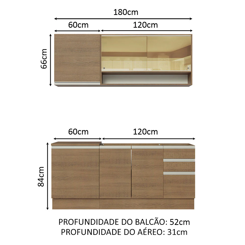 Armário de Cozinha Compacta 180cm Rustic Glamy Madesa 06 - Image 3