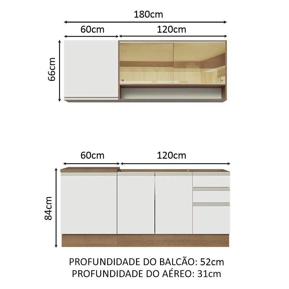 Armário de Cozinha Compacta 180cm Rustic Branco Glamy Madesa 06 - Image 3