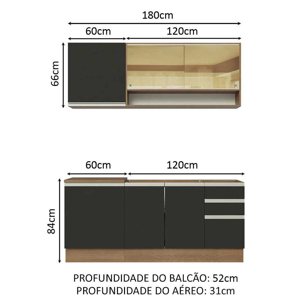 Armário de Cozinha Compacta 180cm Rustic Preto Glamy Madesa 06 - Image 3