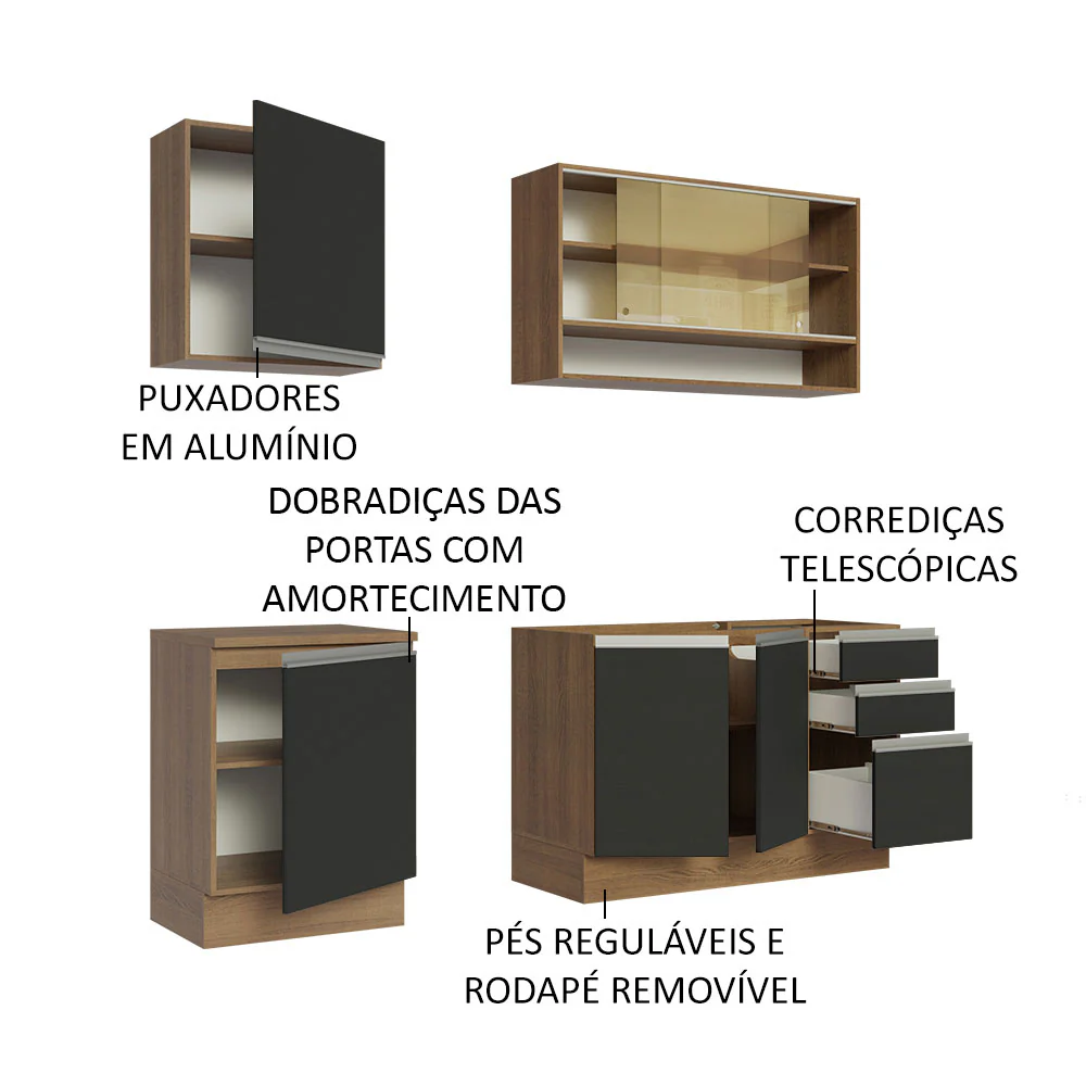 Armário de Cozinha Compacta 180cm Rustic Preto Glamy Madesa 06 - Image 4
