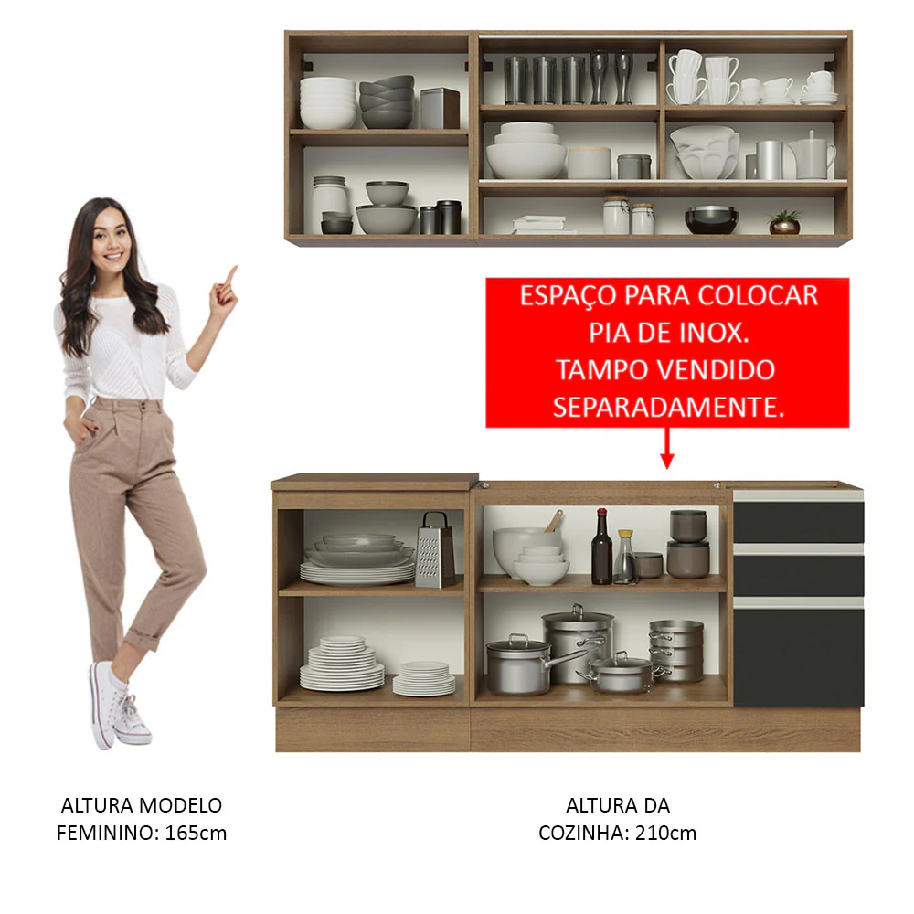 Armário de Cozinha Compacta 180cm Rustic Preto Glamy Madesa 06 - Image 5