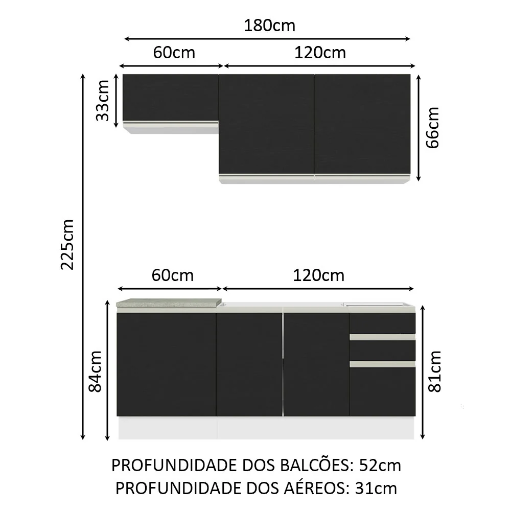 Armário de Cozinha Compacta 180cm Branco Preto Glamy Madesa 07 - Image 3