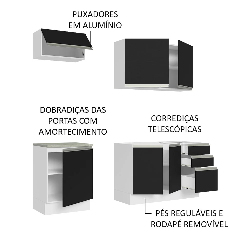 Armário de Cozinha Compacta 180cm Branco Preto Glamy Madesa 07 - Image 4