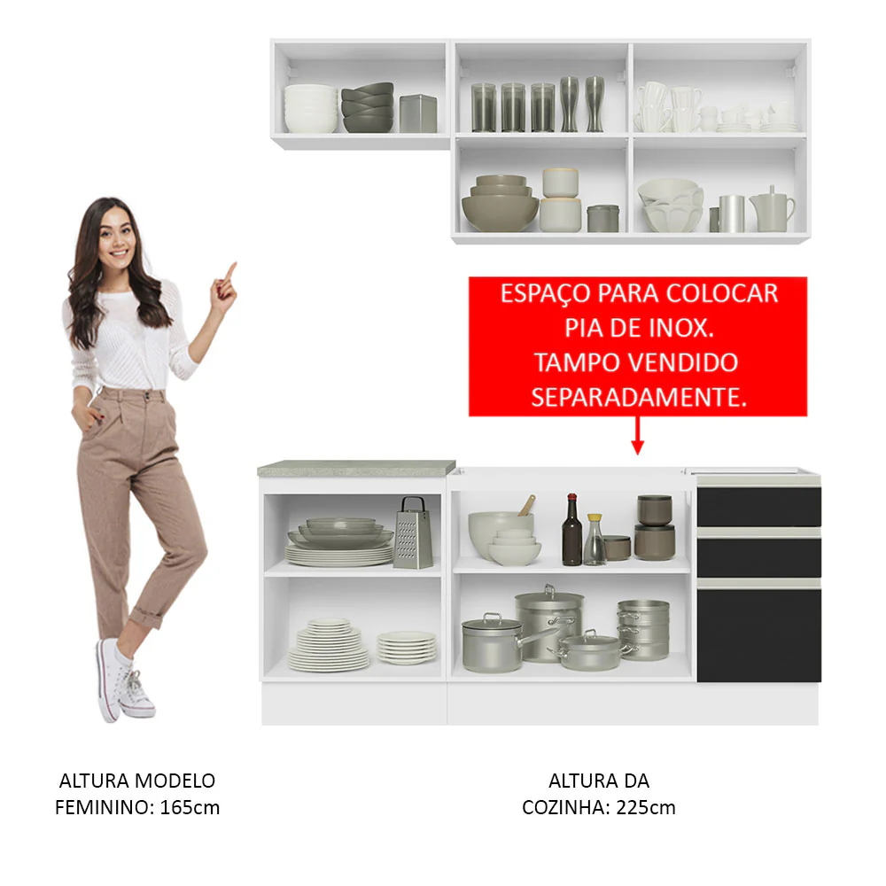 Armário de Cozinha Compacta 180cm Branco Preto Glamy Madesa 07 - Image 5