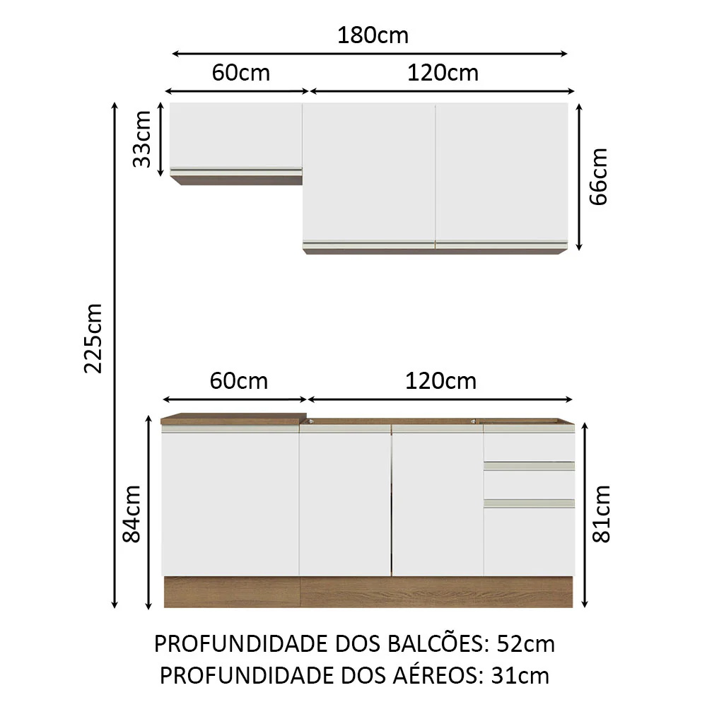 Armário de Cozinha Compacta 180cm Rustic Branco Glamy Madesa 07 - Image 3