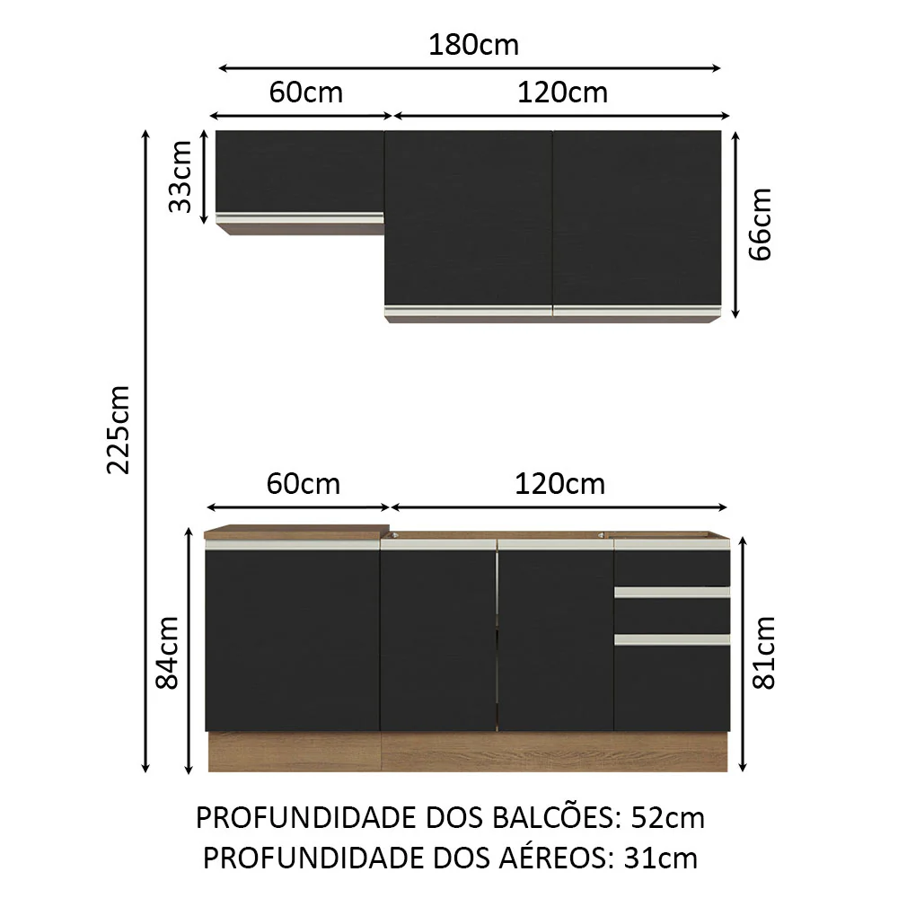 Armário de Cozinha Compacta 180cm Rustic Preto Glamy Madesa 07 - Image 3