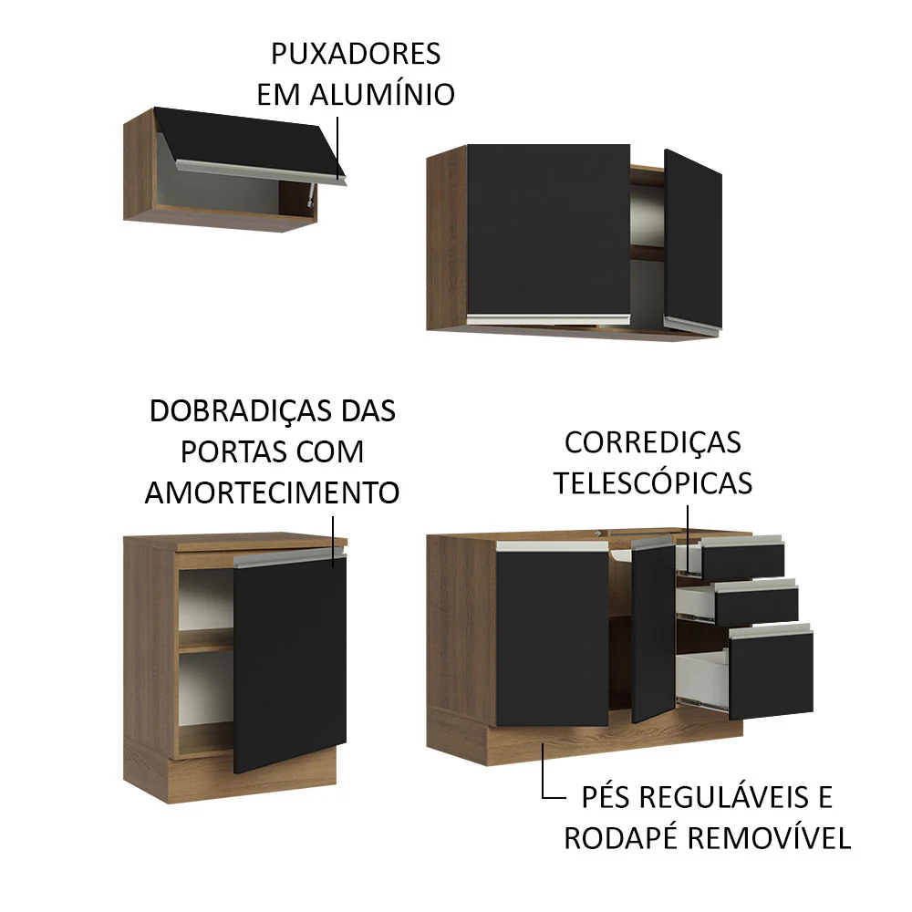 Armário de Cozinha Compacta 180cm Rustic Preto Glamy Madesa 07 - Image 4
