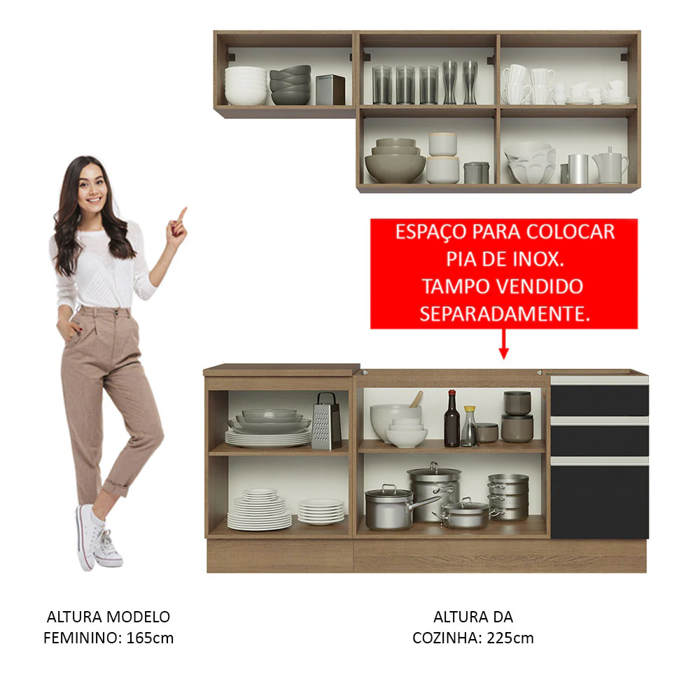 Armário de Cozinha Compacta 180cm Rustic Preto Glamy Madesa 07 - Image 5