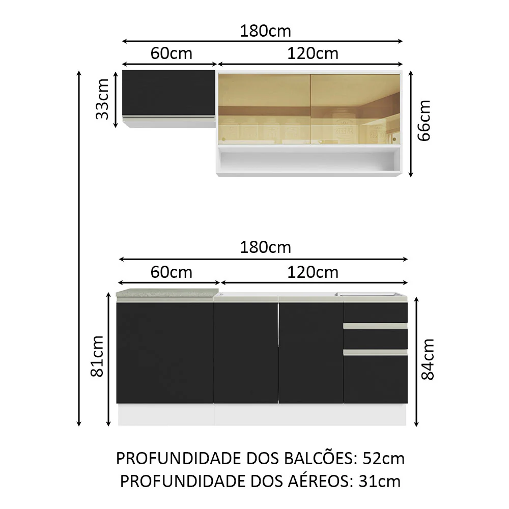 Armário de Cozinha Compacta 180cm Branco Preto Glamy Madesa 08 - Image 3