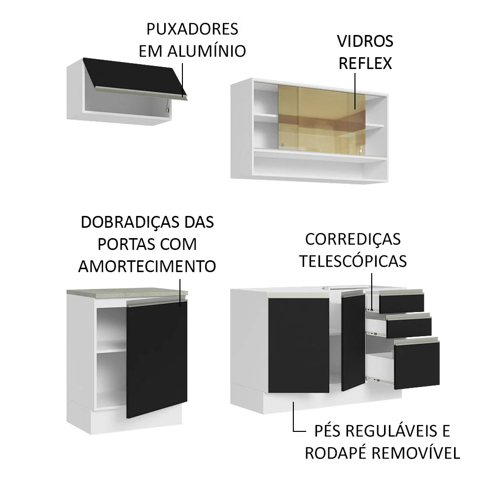 Armário de Cozinha Compacta 180cm Branco Preto Glamy Madesa 08 - Image 4