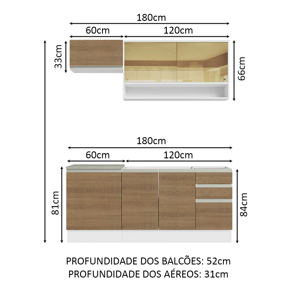 Armário de Cozinha Compacta 180cm Branco Rustic Glamy Madesa 08 - Image 3