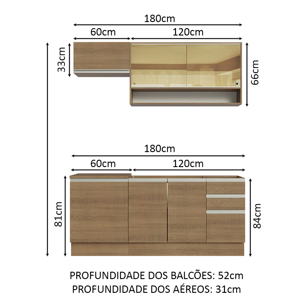 Armário de Cozinha Compacta 180cm Rustic Glamy Madesa 08 - Image 3