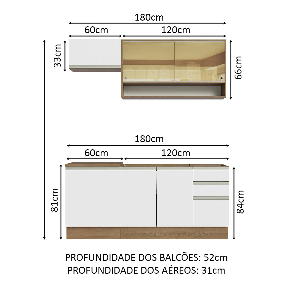 Armário de Cozinha Compacta 180cm Rustic Branco Glamy Madesa 08 - Image 3