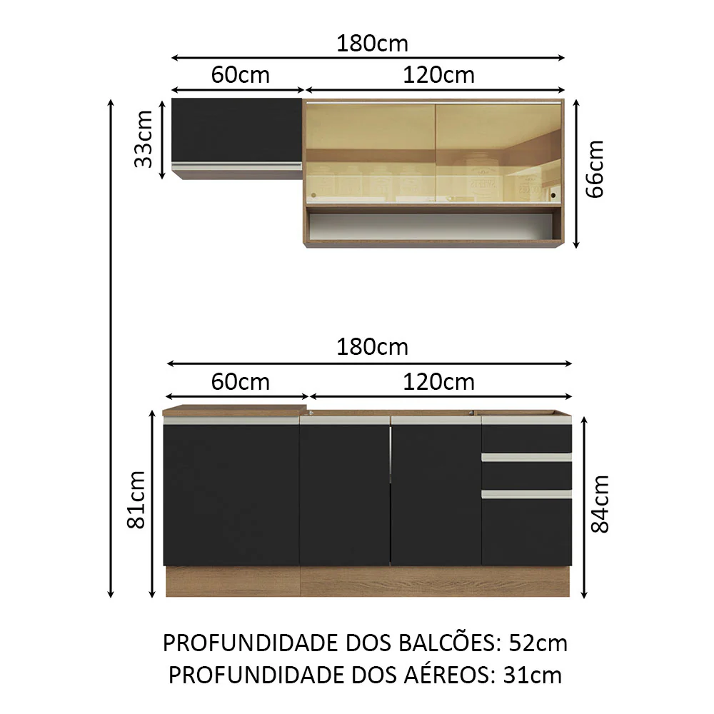 Armário de Cozinha Compacta 180cm Rustic Preto Glamy Madesa 08 - Image 3