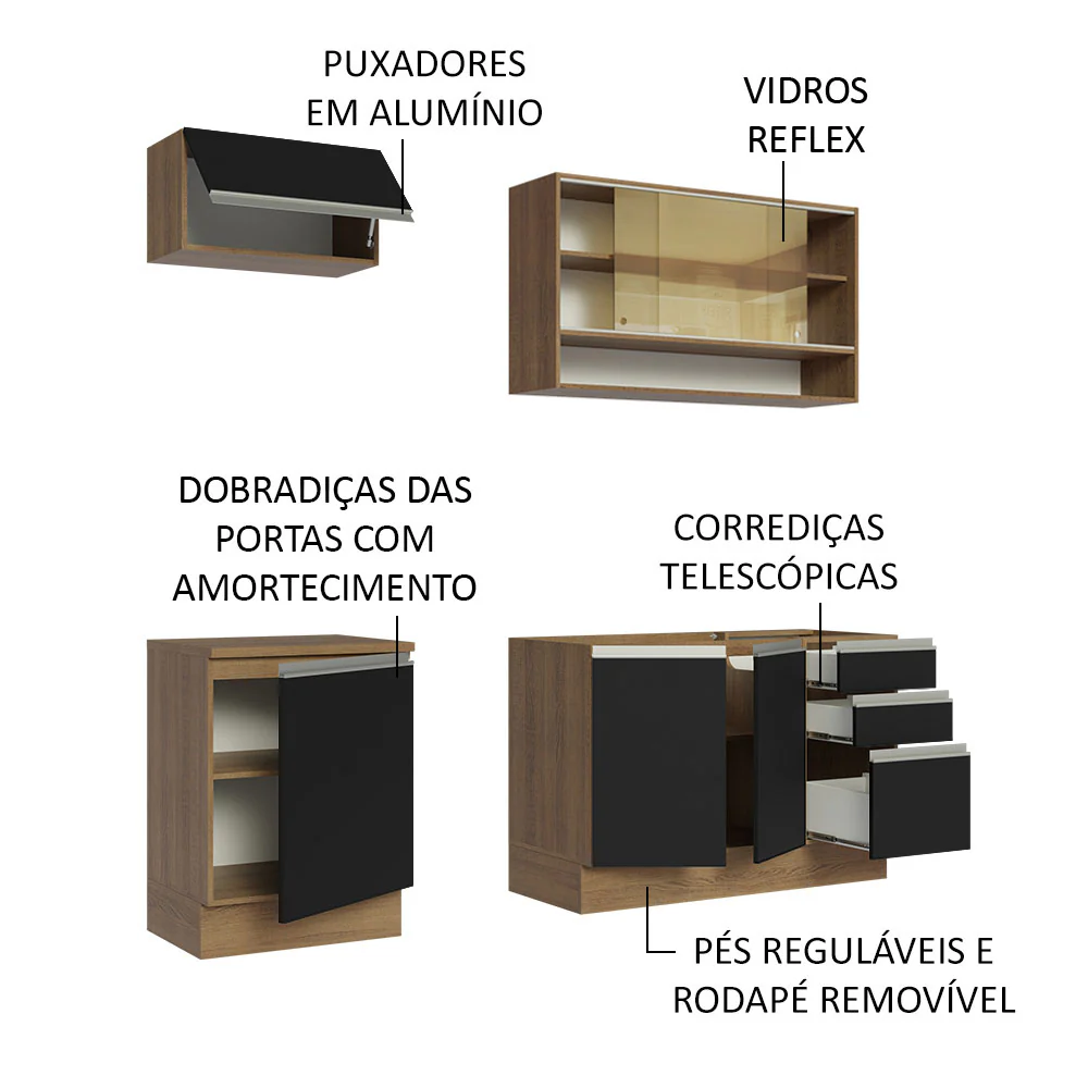 Armário de Cozinha Compacta 180cm Rustic Preto Glamy Madesa 08 - Image 4