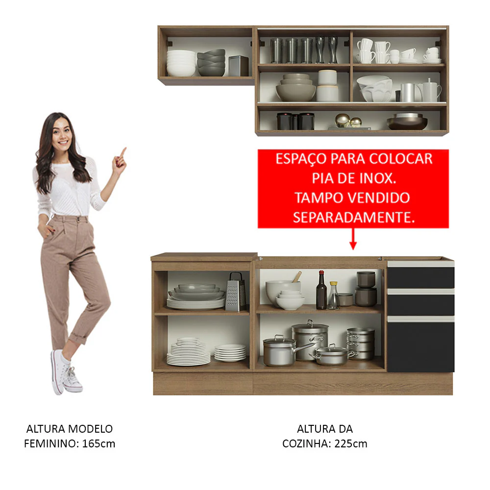 Armário de Cozinha Compacta 180cm Rustic Preto Glamy Madesa 08 - Image 5