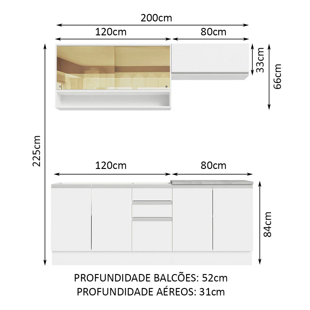 Armário de Cozinha Compacta 200cm Branco Glamy Madesa 03 - Image 3