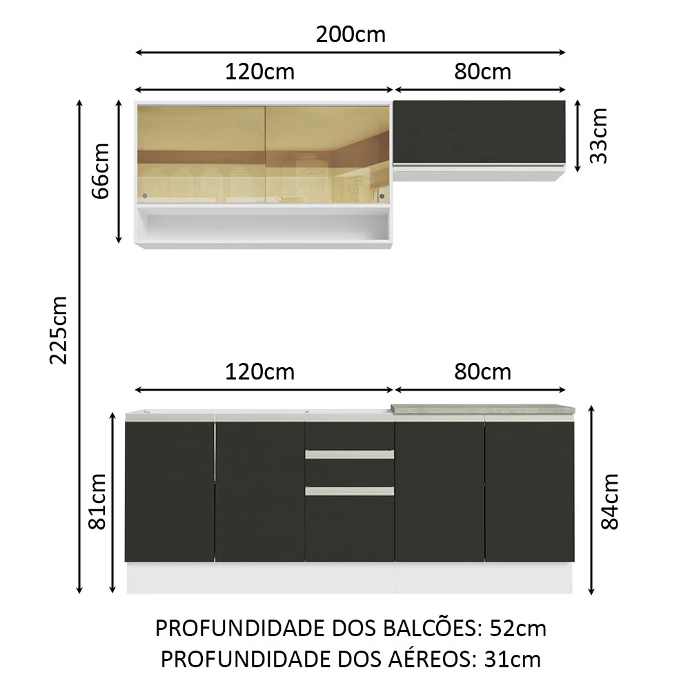 Armário de Cozinha Compacta 200cm Branco Preto Glamy Madesa 03 - Image 3
