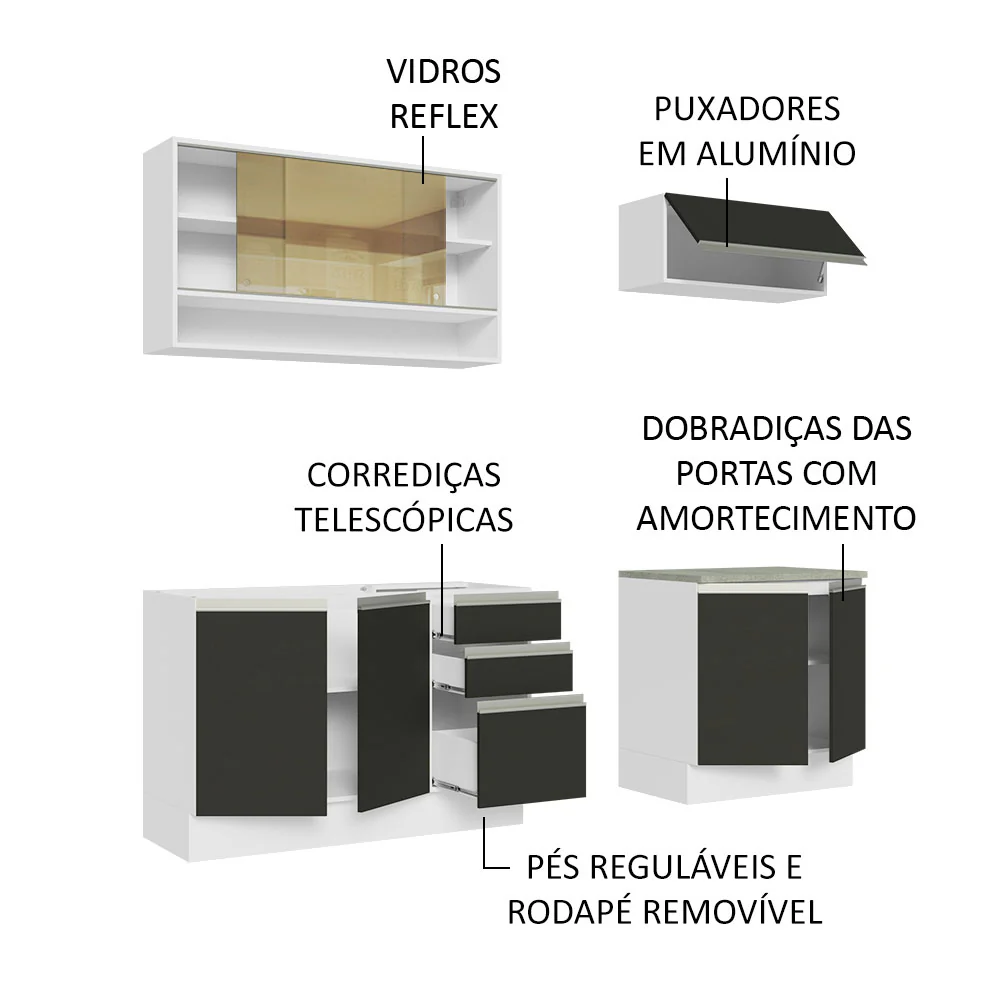 Armário de Cozinha Compacta 200cm Branco Preto Glamy Madesa 03 - Image 4
