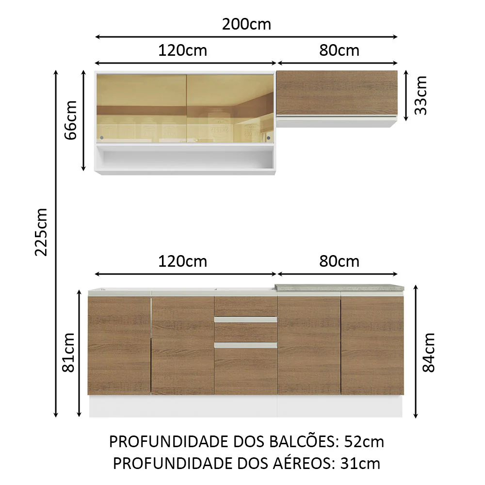 Armário de Cozinha Compacta 200cm Branco Rustic Glamy Madesa 03 - Image 3