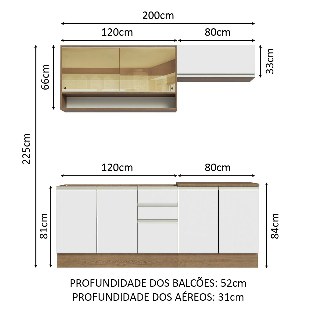 Armário de Cozinha Compacta 200cm Rustic Branco Glamy Madesa 03 - Image 3
