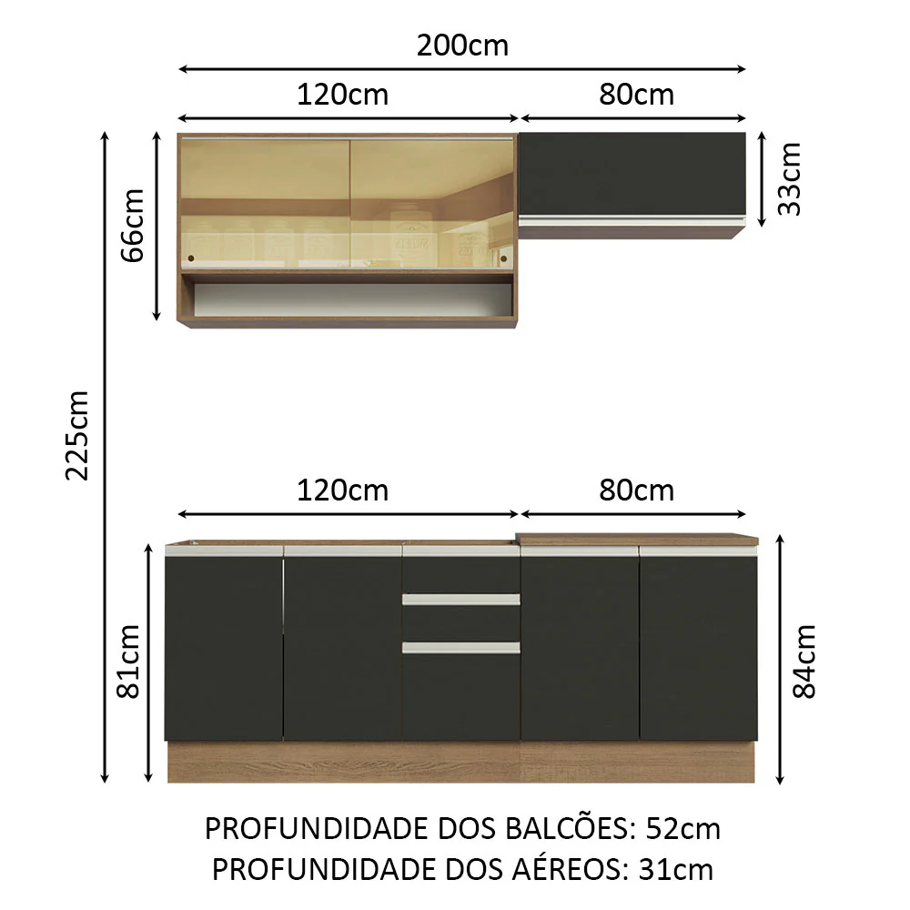 Armário de Cozinha Compacta 200cm Rustic Preto Glamy Madesa 03 - Image 3