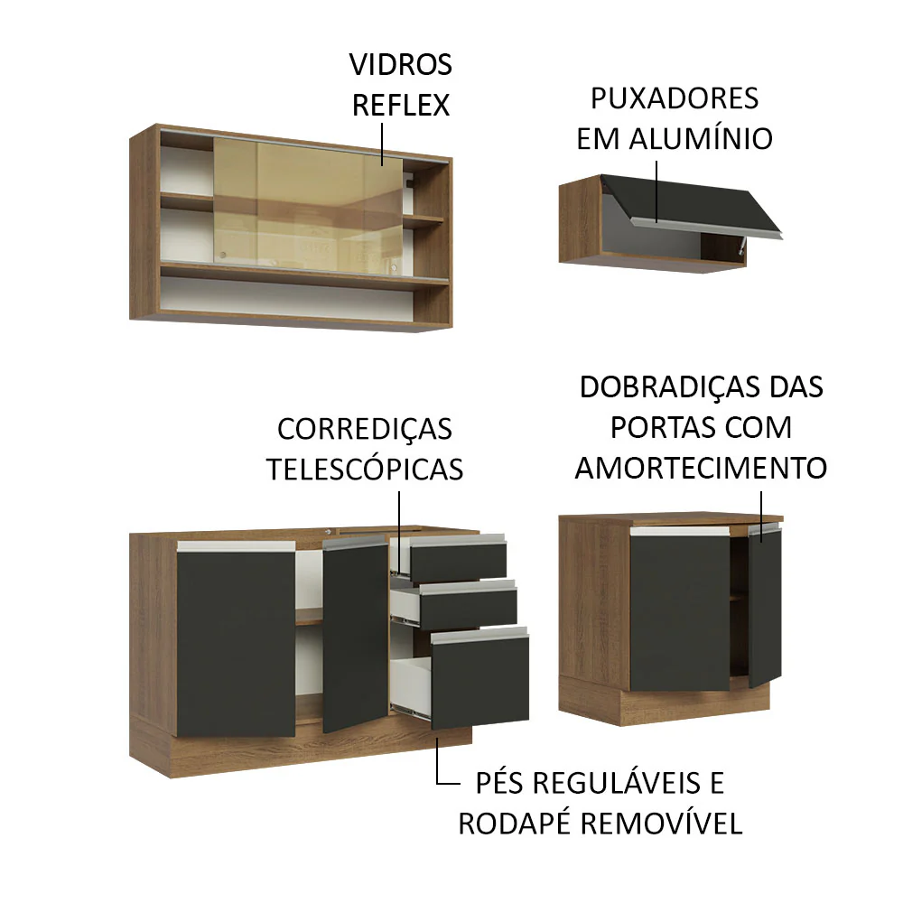Armário de Cozinha Compacta 200cm Rustic Preto Glamy Madesa 03 - Image 4